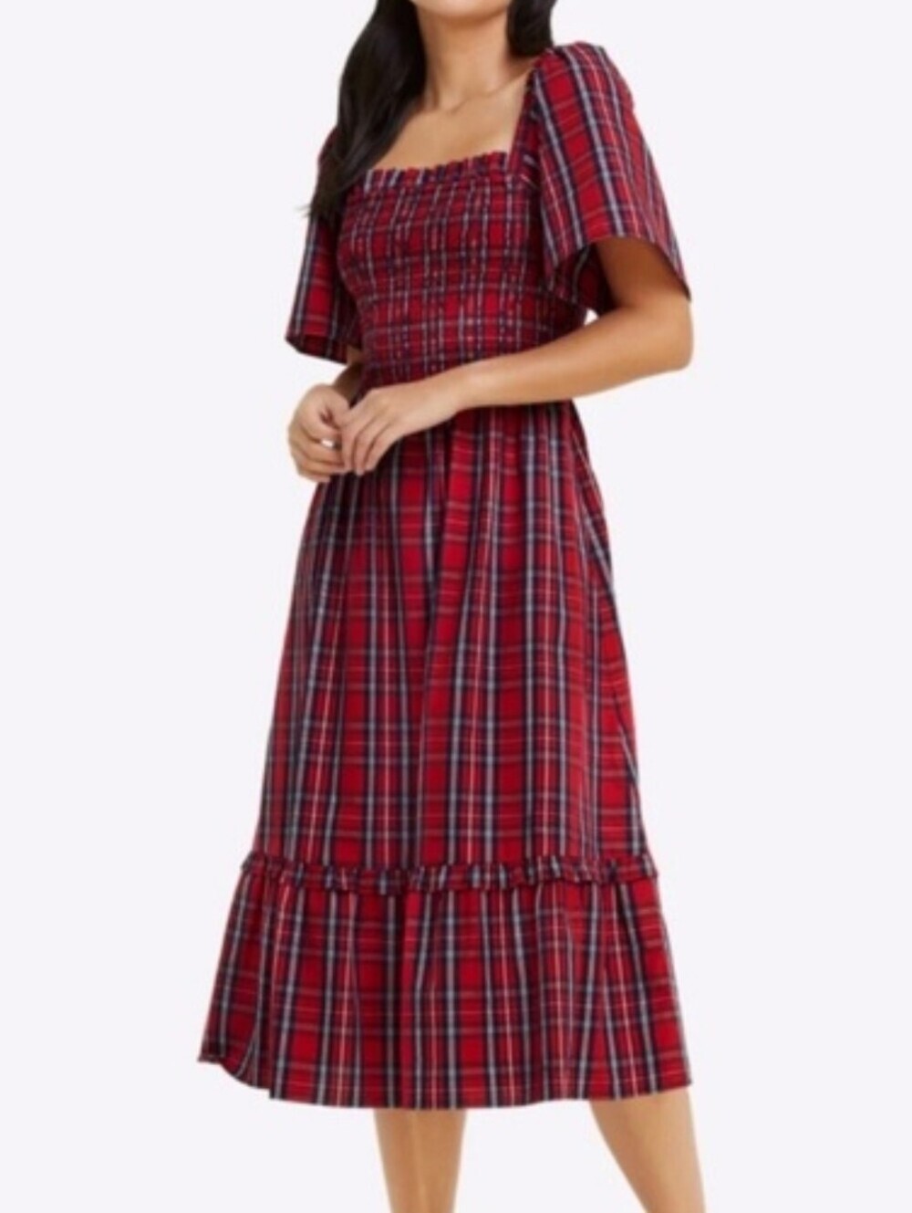 DRAPR JAMES Red Plaid Smocked Midi Dress Size L